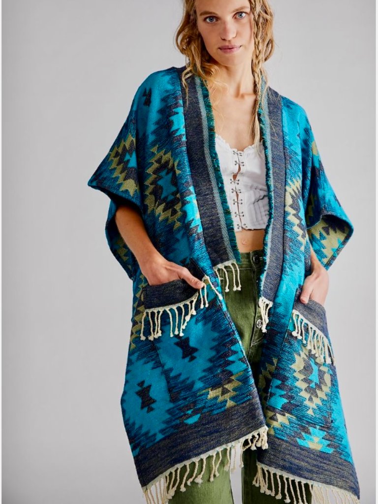 Free People Mystic Geo Blanket Poncho In Ocean Combo Nwt One Size *Rare*